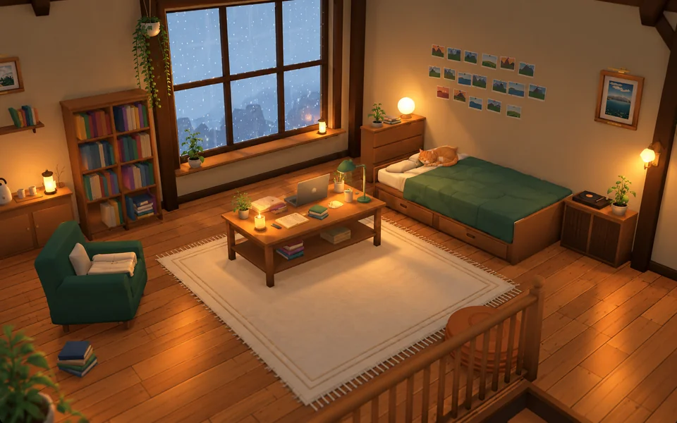 Cosy Private Attic Study 3D diorama with sloped ceiling, two-person desk, and rainy night skylight