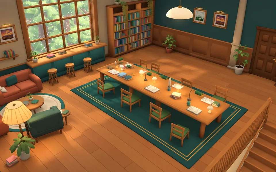Cosy Study Hall 3D diorama with long wooden table, eight chairs, teal walls, and amber reading lamps