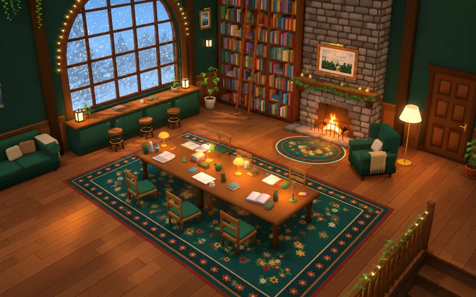 Cosy Library Loft 3D diorama with stone fireplace, arched snowy window, and floor-to-ceiling bookshelves