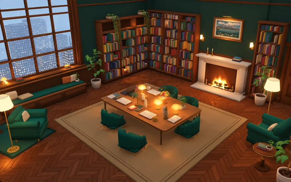Cosy Private Fireside Lounge 3D diorama with fireplace, round marble table, and sage-green walls